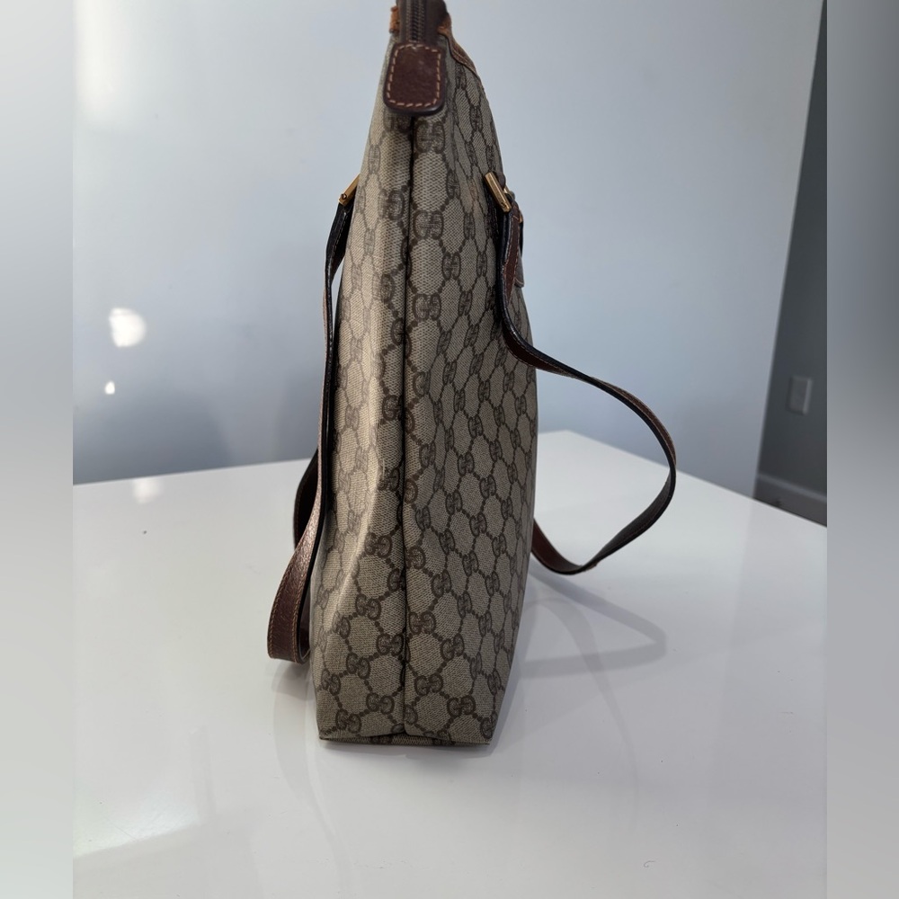 Gucci Vintage GG Supreme Monogram Canvas Shoulder Tote Brown Leather Trim Italy - Picture 9 of 10